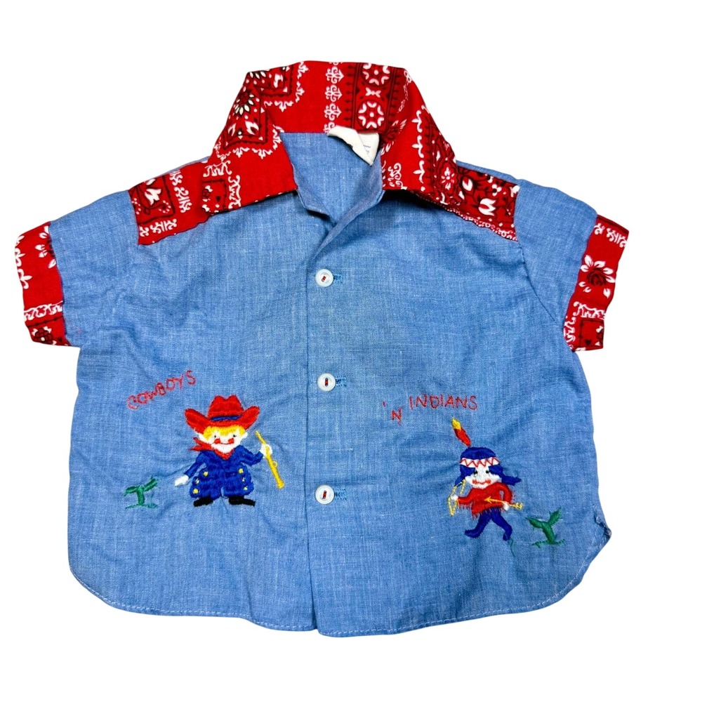 Vintage Baby Western Shirt Blue Red Bandana "Cowboys n Indians" Embroidered S/S